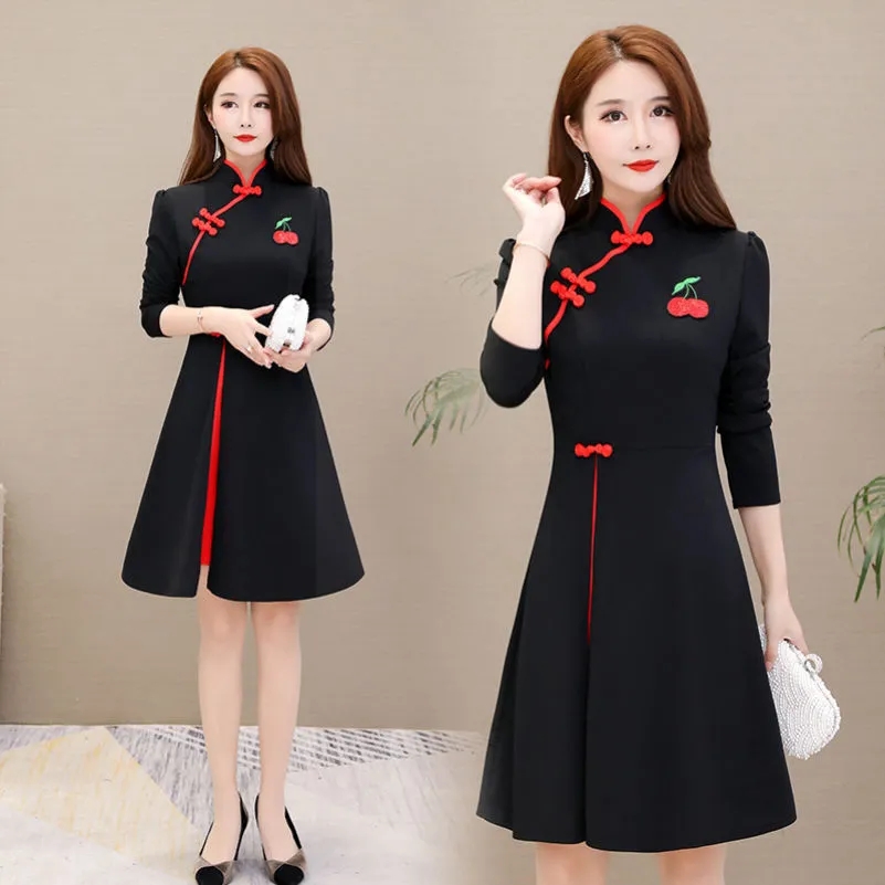 加绒加厚改良旗袍大码女装300斤裙子新款复古2024春秋冬季连衣裙
