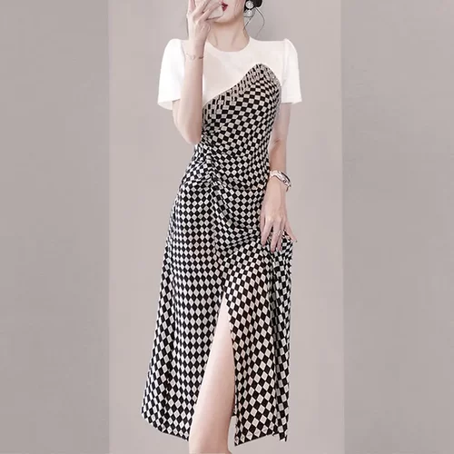 不规则假两件大码300斤女装裙子2025显瘦拼接中长款收腰连衣裙夏