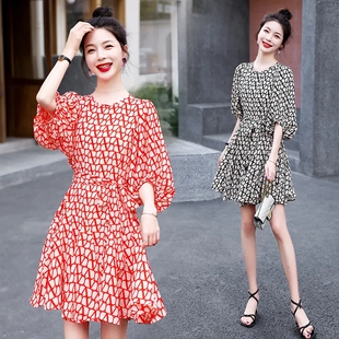 小个子大码300斤短款连衣裙夏季新款洋气收腰显瘦印花胖妹妹裙子