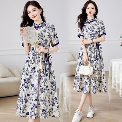 大码女装300斤胖MM中长款遮肉改良旗袍裙子女夏修身连衣裙中国风