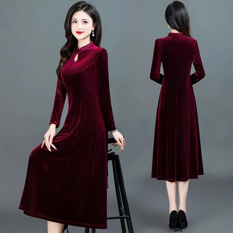 改良旗袍春秋冬大码女装300斤裙子新款金丝绒中国风中长款连衣裙