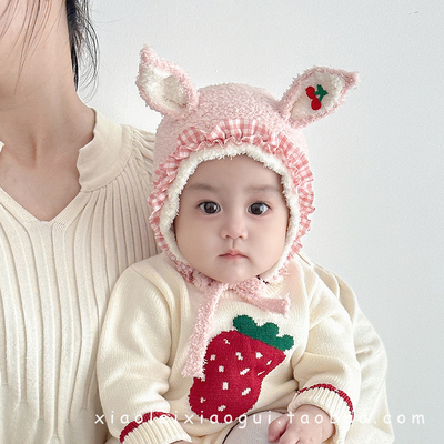 女宝宝帽子秋冬季可爱兔耳朵小月龄护耳帽女童户外防风保暖婴儿帽