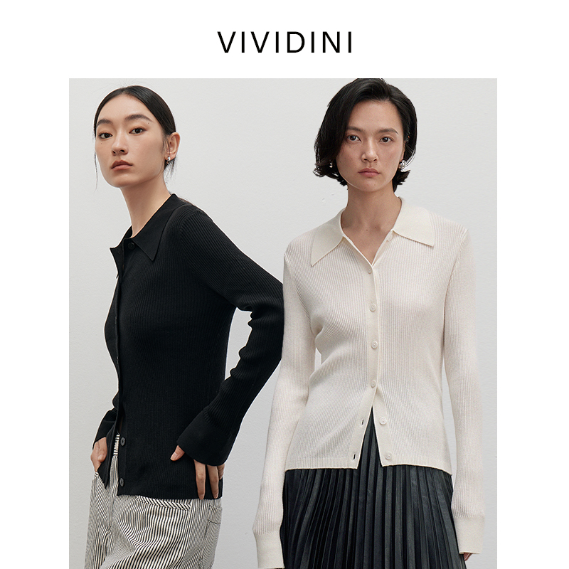 VIVIDINI秋季新款翻领长袖针织短款毛衣