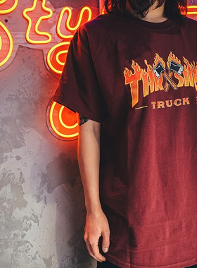 【限定】Thrasher Truck 美版 双斧头插画火焰酒红色短袖T恤