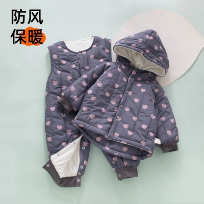 婴儿背带裤套装加绒加厚分体冬天男宝宝女按扣夹棉衣服男宝秋冬季