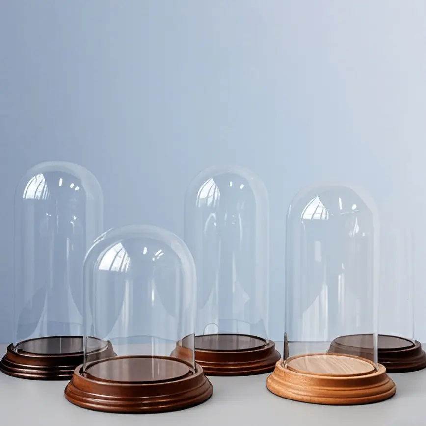 德国工艺中式玻璃罩展示盒装饰桌面复古檀木底座摆件透明防尘罩工