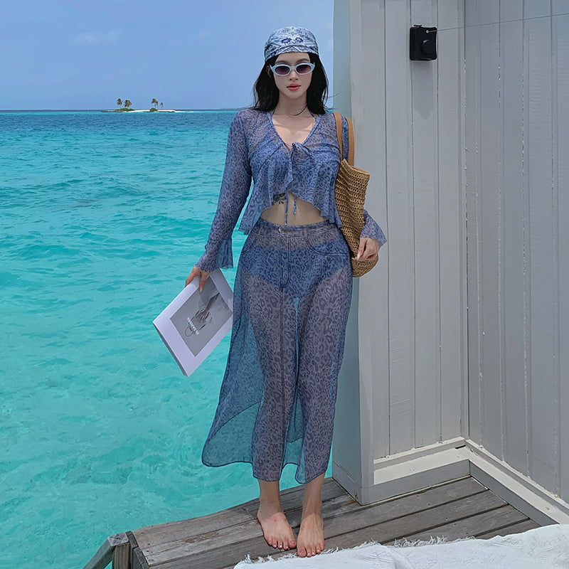 大码泳衣女性感比基尼四件套长裙分体防嗮罩衫沙滩度假温泉游泳装