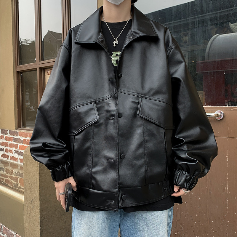 韩版潮流帅气皮衣男青年机车服飞行员皮夹克春秋潮牌复古宽松外套