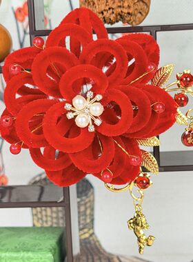 绒花 新年红绒花头花送妈妈 婆婆送姐妹 中国风红色头花传统工艺