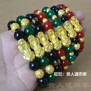 仿越南沙金貔貅手链镀金吉祥平安貔貅玛瑙黑曜石手串男女珠礼物