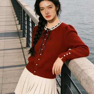 小香风红色蕾丝蝴蝶结针织开衫女秋装珍珠扣毛衣气质上衣