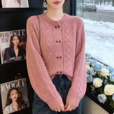 韩系圆领加厚双排扣针织开衫女