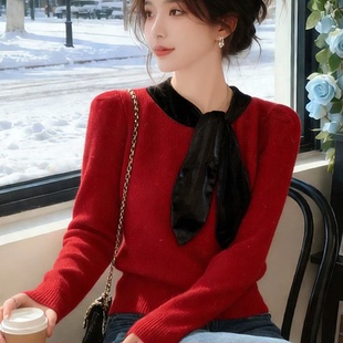 复古撞色蝴蝶结领飘带毛衣女红色套头长袖针织衫减龄洋气上衣