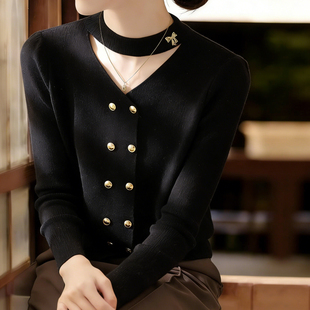 V领双排扣针织衫女黑色修身显瘦气质高级感毛衣开衫上衣
