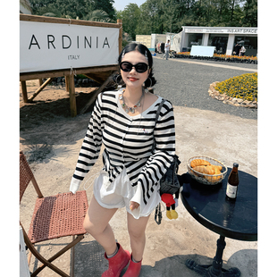 胖MM显瘦薄款 条纹针织衫 女夏季 上衣 开衫 微胖女装 阿周家大码 长袖