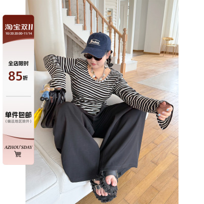 阿周家大码微胖条纹长袖T恤女秋季胖MM设计感修身显瘦上衣有垫肩
