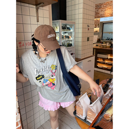 阿周家大码微胖卡通印花T恤女夏季新品胖MM宽松显瘦圆领短袖上衣