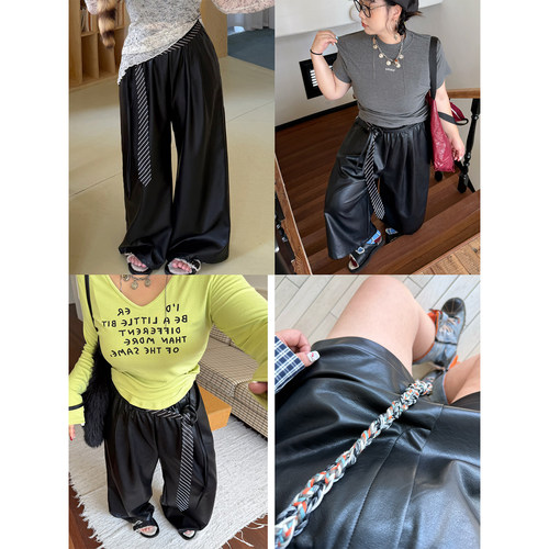 阿周家大码微胖chao柔蛋白感皮裤女秋季胖MM显瘦阔腿裤送条纹飘带