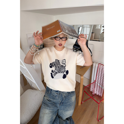 阿周家本命马显瘦针织短袖女白T