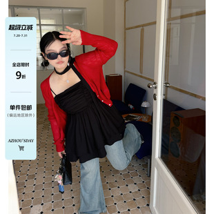 bi备显瘦薄外套上衣 阿周家大码 微胖女装 红色冰丝防晒开衫 胖MM夏季