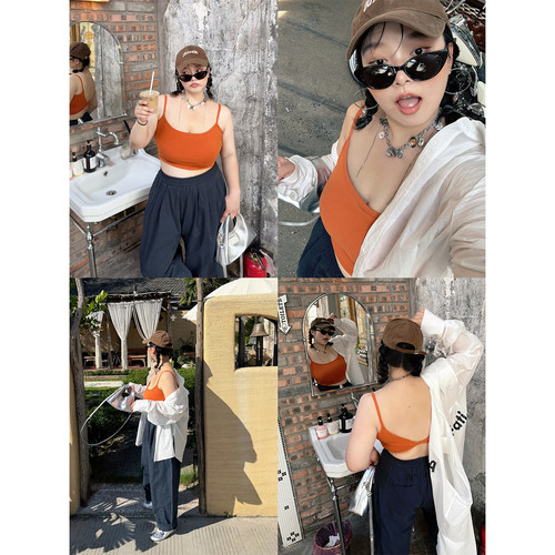 阿周家大码微胖美背吊带女夏季胖MM设计感修身短款背心内搭带胸垫