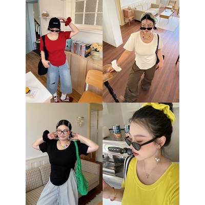 阿周家大码微胖女装四色短袖T恤夏季胖MM基础款大圆领上衣带发圈