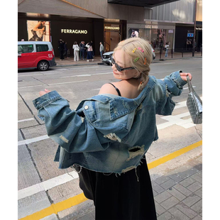 阿周家大码【中区港女】Du*家设计早春重工磨破做旧复古牛仔外套