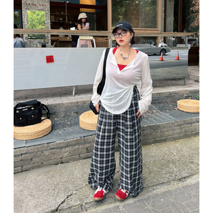 微胖女装 女夏季 阿周家大码 休闲格子阔腿裤 胖MM慵懒风薄款 显瘦长裤