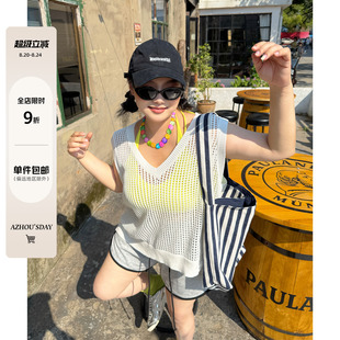阿周家大码 胖MM叠穿bi备设计感上衣 微胖女装 洞洞冰丝V领背心夏季