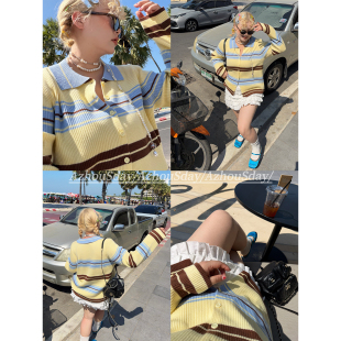 10%羊毛早春学院风翻领条纹针织开衫 牛油果 芝芝海盐 阿周家