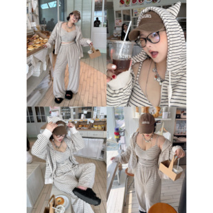 阿周家大码微胖羊绒蚕丝蛋白条纹套装女胖MM加厚连帽上衣休闲裤