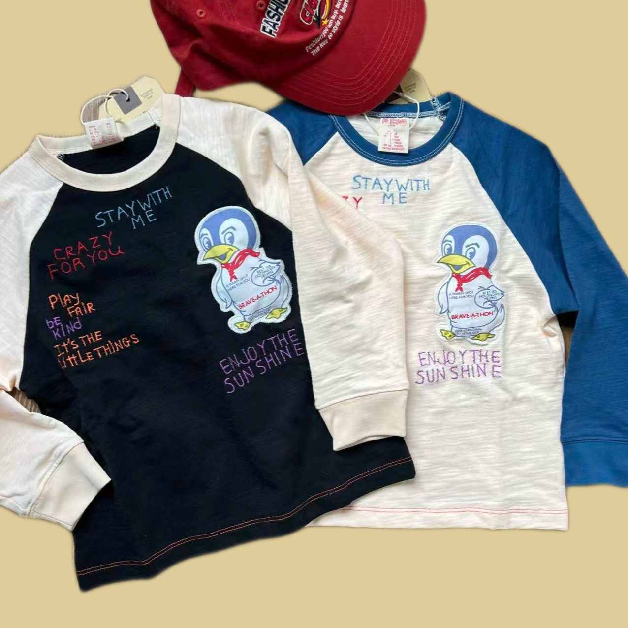 2026春季新款童装长袖T恤 dd企鹅拼色插肩袖男童女童打底上衣纯棉