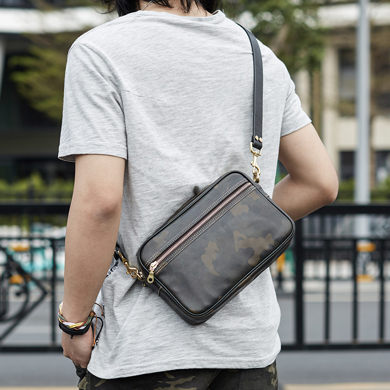 迷彩头层牛皮单肩斜挎包男款