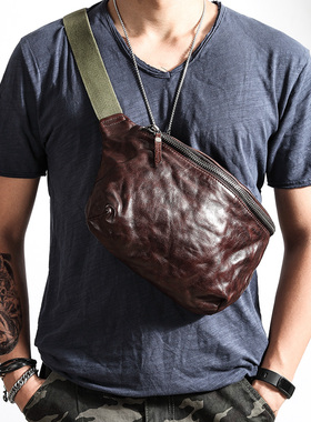 真皮牛皮胸包包男复古阿美咔叽摩托车斜挎单肩挎包腰包质感腋下包