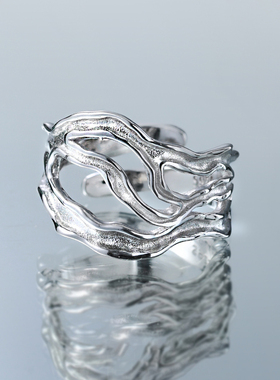 小众原创设计银指环气质不规则镂空褶皱镂S925纯银开口戒指