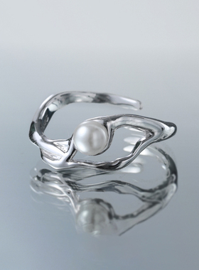 原创小众设计高级感极简不规则面镶嵌贝珠S925纯银开口戒指女