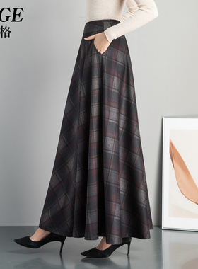 2025年春秋新款a字大摆裙复古格子半身长裙女加长款裙子大码伞裙