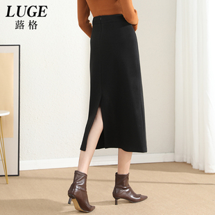 棕色半身裙秋冬女中长款开叉直筒裙高腰显瘦小个子一步长裙冬加厚