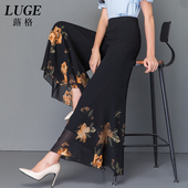 裙女2025夏季 女士大甩裤 新款 花色裤 雪纺阔腿裤 妈妈裙裤 印花喇叭裤