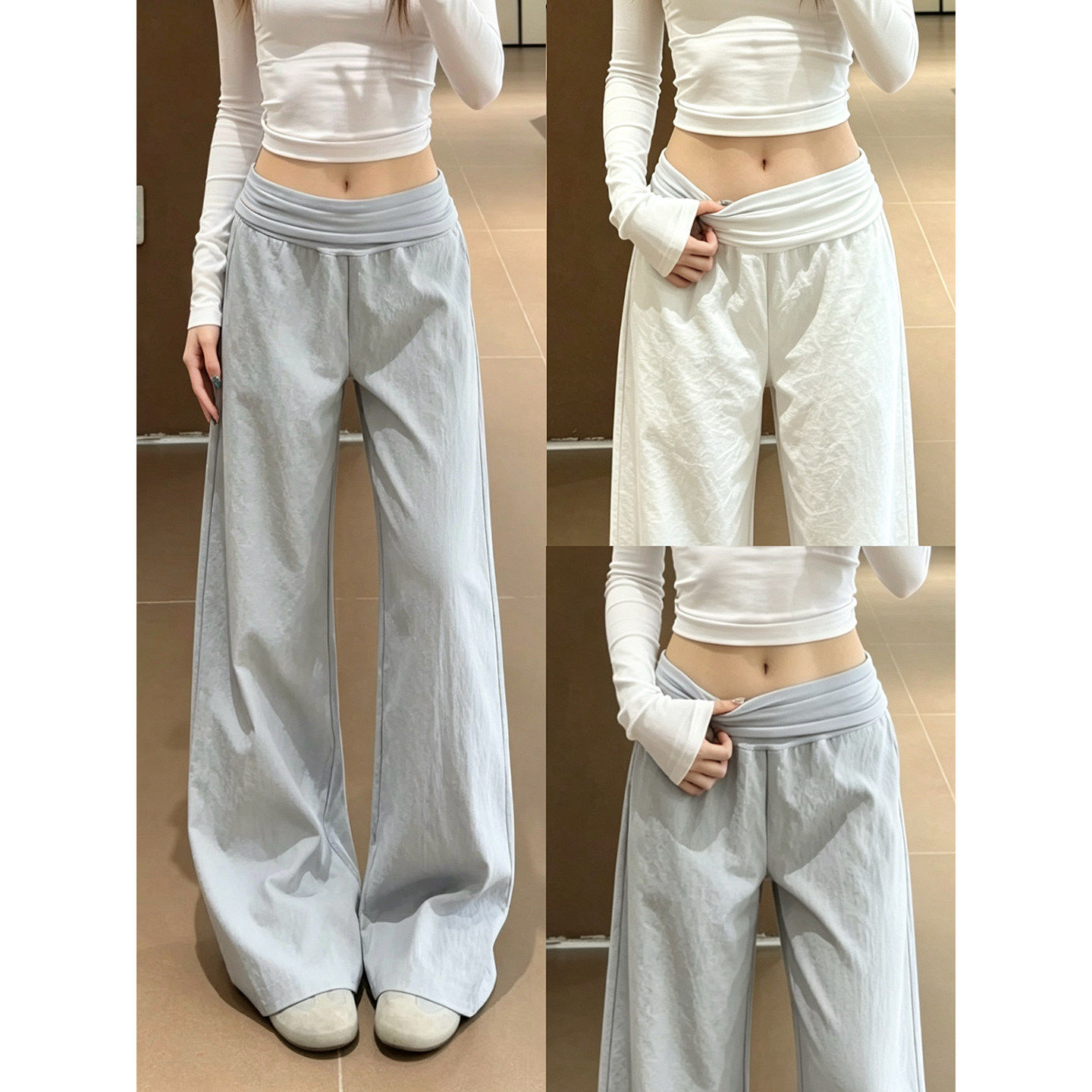 韩系慵懒感褶皱高腰阔腿裤女夏季2026新款显瘦休闲小个子运动裤子