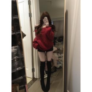 荔桃想睡觉ya【圣诞恋歌】氛围酒红一字肩毛衣女秋冬新年针织外套