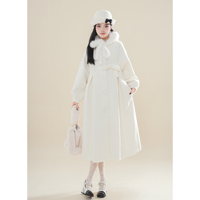 sinsingirl 雪松奶芙 秋冬季大衣外套女白色长袖连帽宽松毛呢大衣