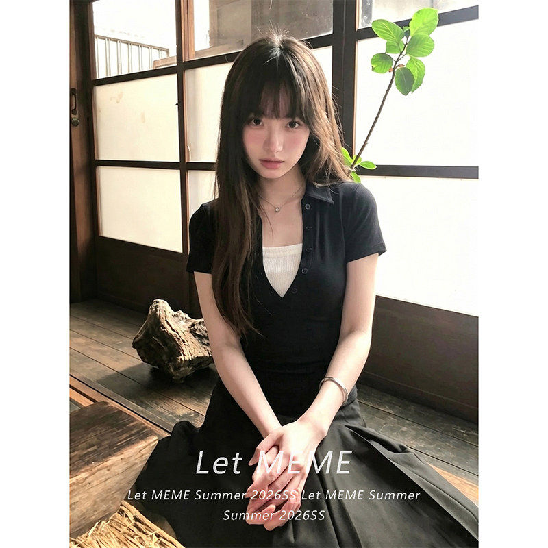 黑色假两件v领正肩短袖t恤女夏2026新款夏季修身紧身收腰短款上衣