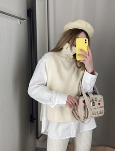 阳光家 秋冬季女装针织衫简约柔软高领针织衫无袖套衫oversize