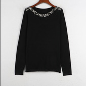 针织衫 阳光家 打底毛衣 女装 钉珠圆领长袖 孤秋冬新款 外贸欧美大码