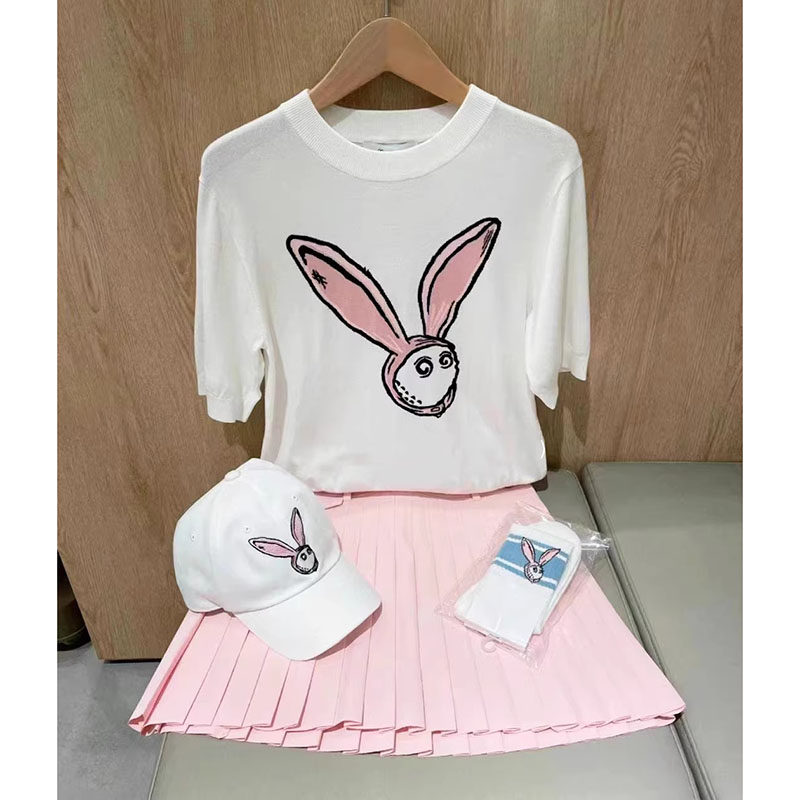 新款韩版出口高尔夫女士夏季运动短袖T恤针织上衣A字百褶裙裤套装