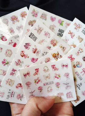 美甲贴纸水印指甲贴花儿童唯美贴片指甲装饰浪漫粉色蝴蝶结需泡水