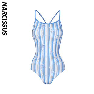 水仙SWIM海洋风蓝白条纹清新连体新款 吊带三角游泳运动竞速泳衣