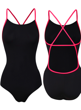 水仙SWIM黑色显瘦简约荧光粉吊带连体女士游泳竞速训练运动泳衣