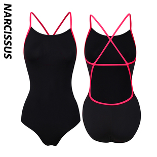 水仙SWIM黑色显瘦简约荧光粉吊带连体女士游泳竞速训练运动泳衣